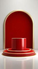 Modern Red Display with Golden Accents for Product Showcase