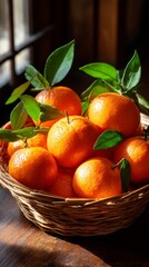 Fresh Oranges in a Basket with Green Leaves