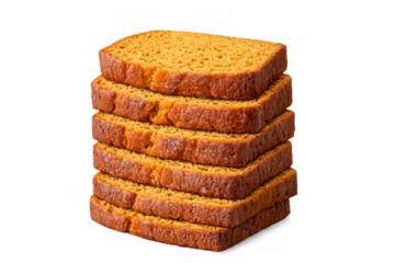 Stack of pumpkin bread slices with rich texture, baked homemade autumn spice dessert snack, sweet bakery product on transparent background