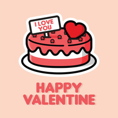 Cartoon valentine cake vector for celebration. Cute party dessert with love and red icing glaze. Sweet food illustration. Simple pastry graphic