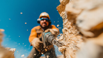 Construction worker using jackhammer to break rock. Low angle view of demolition with flying debris. Manual labor and heavy industry