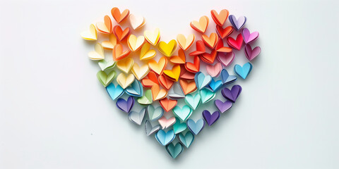 Colorful heart-shaped paper origami arranged in the shape of a large heart, forming a rainbow gradient on white background, symbolizing love, diversity, unity, and LGBTQ pride