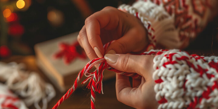 Close-up of female hands weaving a traditional Martenitsa bracelet from red and white threads, symbol of health and spring, with cozy festive lights in the background - Powered by Adobe