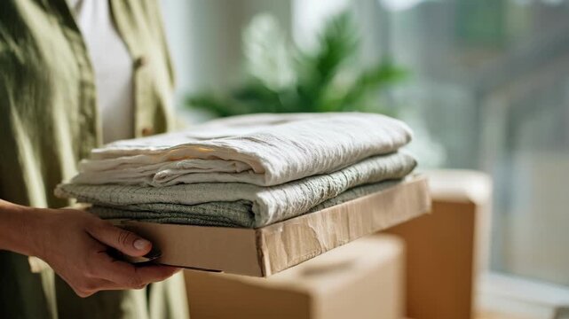 Medium shot of a customer receiving fresh linen delivery at home showcasing convenience of monthly subscription service for regular fabric supply