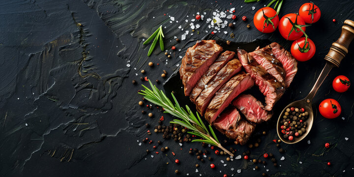 Grilled steak slices arranged in a heart shape, garnished with rosemary, salt, and peppercorns on a dark slate background. Perfect romantic meat dish for Valentine's Day dinner.