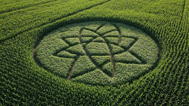 An aerial video segment captures a massive, intricate geometric crop circle etched into a lush green agricultural field. The camera holds steady for 8 seconds, highlighting the star-like formation's 