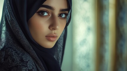 A young woman gazes into the distance, her hijab and intricate headpiece adding a touch of cultural sophistication against a blurred background that suggests an urban setting.