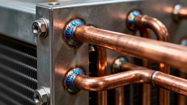 Closeup medium shot of copper tubes being welded to a customized heat exchanger frame highlighting intricate metalwork.