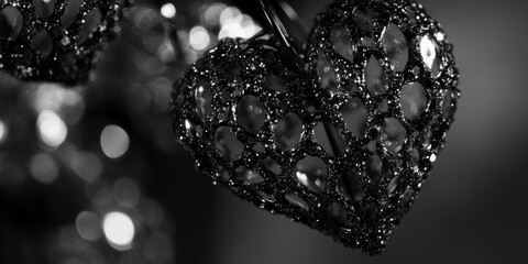 This image features a heart-shaped Christmas tree ornament with a black background. The photo is in monochrome, giving it a classic look.