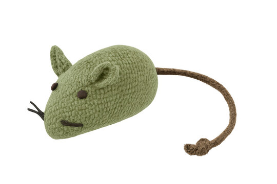 Green knitted mouse cat toy on transparent background