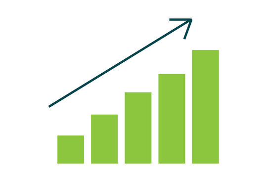Green bar chart with upward arrow showing growth and positive trend. Clean vector illustration representing performance, sustainability, analytics, increase, statistics. Reports, presentation PNG