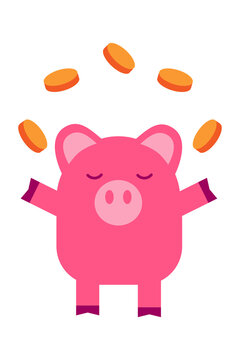 Happy pig character illustration juggling coins with cheerful expression. Colorful cartoon design perfect for finance, savings, farming, children's content, and playful business graphics. High-res PNG