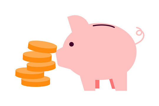 Piggy bank with stacked coins illustration representing savings accumulation and wealth building. Perfect for finance, banking, investment, economy, money management, and financial planning graphics