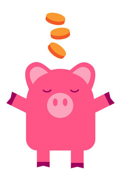Happy pig character illustration with coins. Colorful cartoon design perfect for finance, savings, banking, budgeting, children's content, and playful business graphics. High resolution PNG, isolated