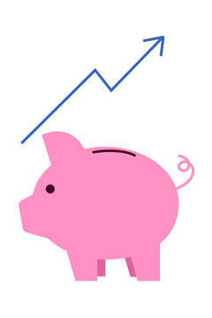 Piggy bank with upward growth arrow illustration representing financial success and savings growth. Perfect for finance, investment, wealth building, stock market, business success graphics. High-res 