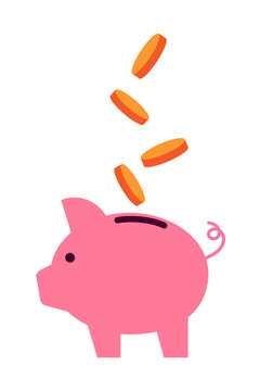 Piggy bank with falling coins illustration representing savings deposits and money accumulation. Perfect for finance, banking, economy, investment, wealth building, financial planning graphics. PNG