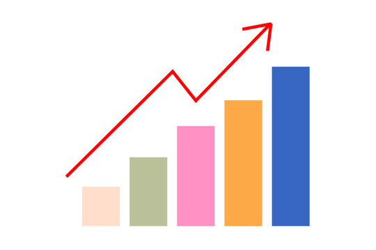 Colorful bar chart with upward red arrow showing growth and positive trend. Clean vector illustration representing business performance, financial success, analytics, revenue increase, statistics. PNG