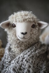 Cute crocheted sheep stuffed animal with a blanket, smiling face, and red eyes.