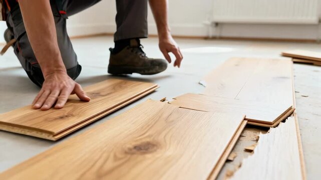 Medium shot of a professional replacing damaged oak floorboards with precision showcasing natural wood grain and smooth finish in a bright room setting.