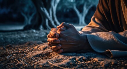 Jesus Christ hands clasped in prayer on the ground in Garden of Gethsemane, night biblical scene with dramatic lighting.
