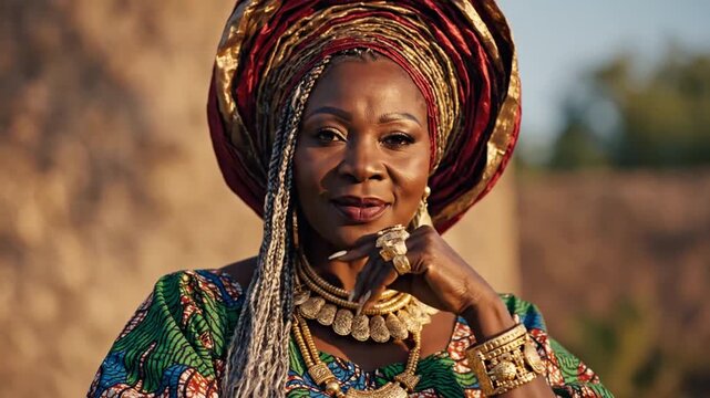 Striking portrait of a confident woman adorned in vibrant traditional attire, showcasing rich cultural heritage and timeless elegance under warm light