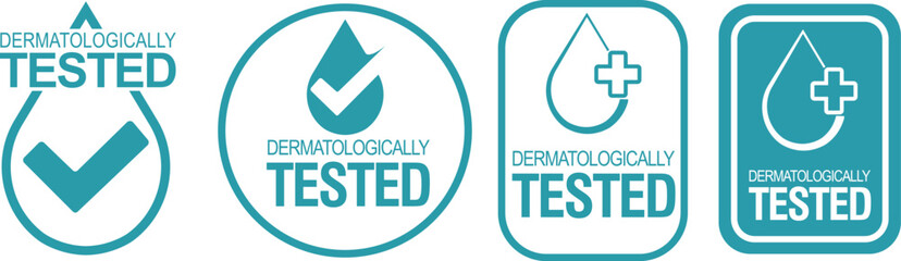 Set of dermatologically tested vector labels with water drop logo, Dermatologically tested icons and clinically proven by dermatologists for allergy-free, healthy and safe product packaging labels. © Juragan