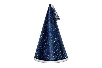 Blue wizard hat with glitter and tassel, capturing magic and fantasy on transparent background