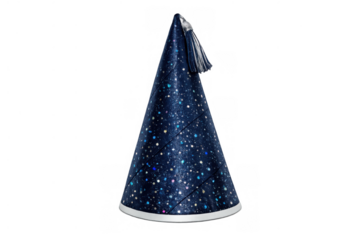 Blue wizard hat with glitter and tassel, capturing magic and fantasy on transparent background