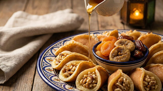 Delicious Qatayef with nuts and honey traditional Arabic dessert for Ramadan.