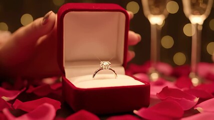 Elegant hands open a red velvet box in 4K slow motion to reveal a stunning diamond ring. The scene is lit by soft golden light, with romantic rose petals and champagne glasses in a bokeh background. - Powered by Adobe