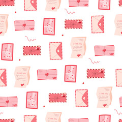 Seamless pattern with love mail, flat heart envelope, valentine card, note and message background. Repeating romantic envelope and card design. Valentine heart message mail theme. Creative flat