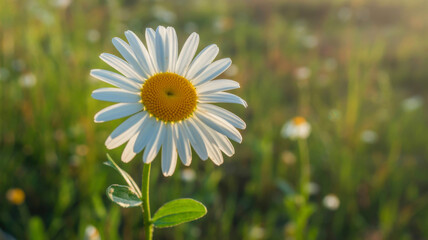 Daisy flower in soft focus with warm sunlight on green meadow for spring background