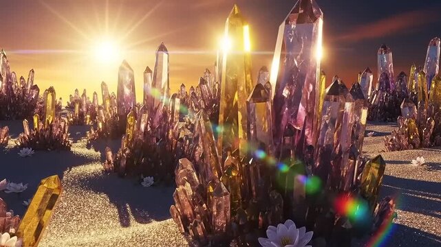 Enchanting Crystal Landscape at Sunset with Radiant Light and Mystical Glow.