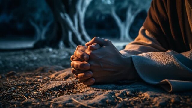 Jesus Christ hands clasped in prayer on the ground in Garden of Gethsemane, night biblical scene with dramatic lighting.