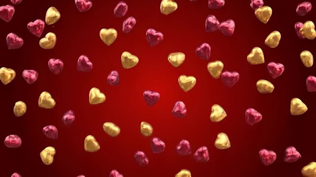 An elegant, seamless loop of metallic gold and ruby red hearts falling like a curtain against a deep velvet red background. The high-gloss 3D hearts have realistic reflections and rim lighting.