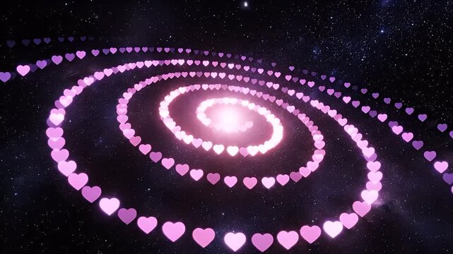 A cinematic, seamless loop slowly rotating around a spiral galaxy composed of tiny glowing hearts. The hearts flow from deep violet to bright white-hot pink against a deep space background with stars.