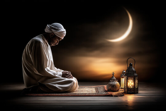 Muslim man in traditional white attire prays on a prayer mat during Ramadan with decorative lanterns and a crescent moon in the background creating a serene atmosphere