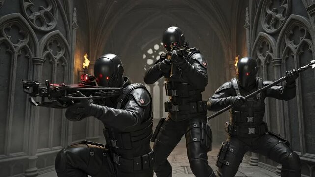 Dark Fantasy Armed Assassins in Tactical Gear with Crossbows in Gothic Environment