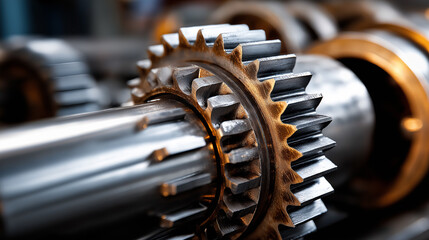 Close-up view of metallic gears with intricate teeth and polished surfaces, showcasing industrial machinery components in a workshop setting with blurred background elements