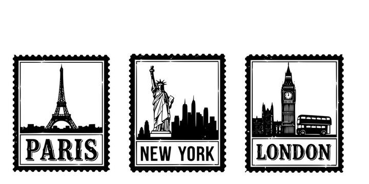 Vintage Travel Stamps Collection Paris New York London for Tourism Marketing Vector