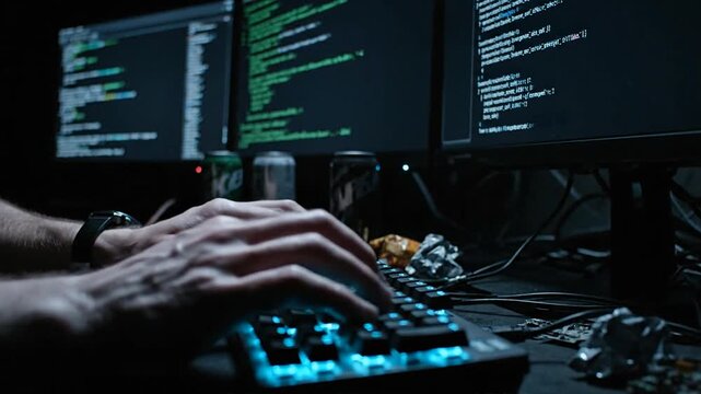 A person's hands typing on a keyboard amidst multiple screens displaying code in a dark environment related to cyber warfare