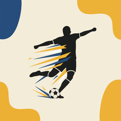 Dynamic soccer player silhouette in motion, abstract sports illustration with geometric shapes, modern football poster design, vibrant blue and yellow colors.