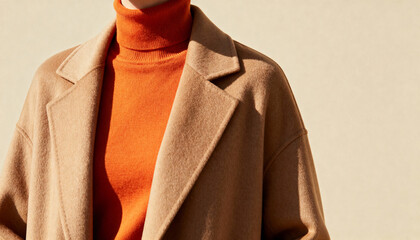 Detail of a camel wool coat over an orange turtleneck sweater. Stylish winter fashion outfit texture. Minimalist clothing background with copy space