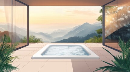 A white bathtub with a view of mountains