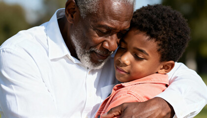 Affectionate African American grandfather hugging his grandson outdoors. Senior man and young boy sharing a tender moment of family bonding