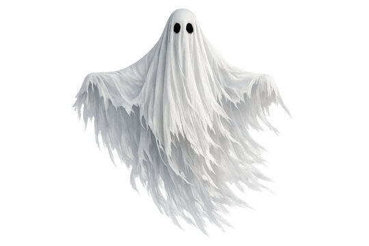 Ghost character floating with tattered white sheet, symbolizing halloween, horror, and spooky supernatural spirits