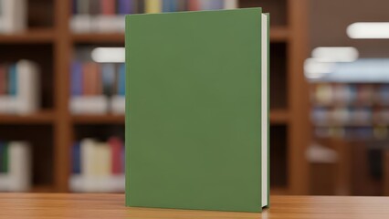 Green book mockup on wooden table in library