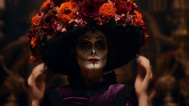 Mexican woman with skull makeup adjusting a floral hat in slow motion during Day of the Dead.
