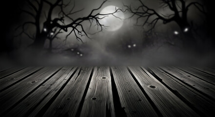 Mysterious moonlit forest with foggy wooden path