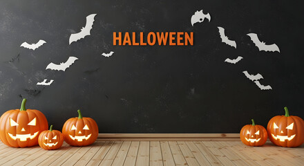 Halloween pumpkins and bats on black background